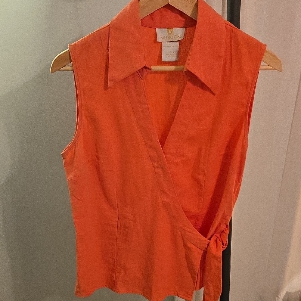 Metrostyle Vibrant Salmon Orange Wrap Blouse